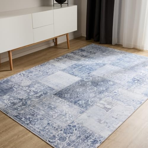 benuta Basic Waschbarer Teppich George - Blau 160x230 cm - Kunstfaser - Rechteckig & im Style: Vintage, Ethno-Style, Shabby Chic - Pflegeleicht für Wohnzimmer Schlafzimmer