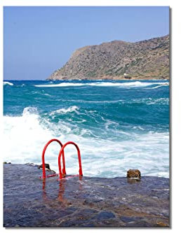 Glücksvilla - Kreta Rote Badeleiter - div. Maße (Acrylglas-Bild 5 mm, 30 x 40 cm) aus DE - Kunstdruck XXL Deko-Wandbild hoch - Insel Mittelmeer Küste Fels maritim Griechenland x