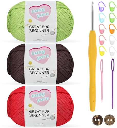 Virkat garn tjockt garn tjockt garn för virkad tjock ull för virkning 3 x 50 g virkat garn för nybörjare amigurumi-garn bomullsgarn med 3,5 mm virkad krok virkning startkit (röd+brun+grön)