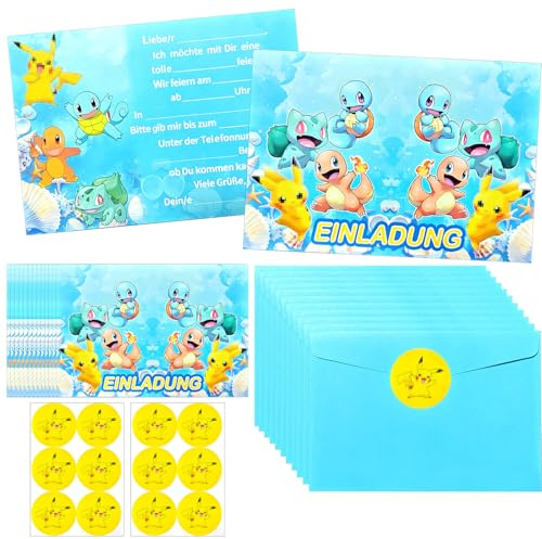 Sotobegirl Einladungskarten Kindergeburtstag Junge Mädchen, 12pcs Anime Cartoon Deutsche Geburtstag Partyeinladungen mit Umschlägen Aufklebern, Geburtstag Einladungskarten Set für Themed Party (Blue)
