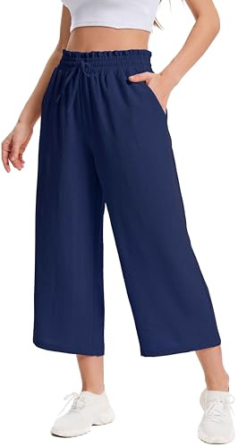 WUWUSKY Pantalón Capri Culotte para Mujer Verano Cintura Alta Tela Transpirable y Ligera con Bolsillos Estilo Casual, Azul Oscuro, M