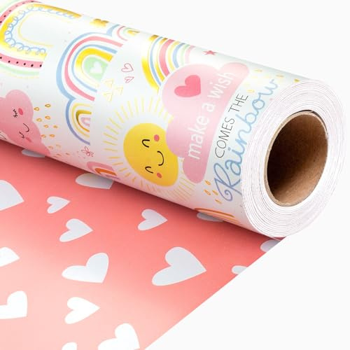 Wikadlik Carta da regalo arcobaleno, 43 cm x 10 m, mini rotolo - carino motivo nuvola-sole cuore colori vivaci per compleanni ragazzi, ragazze e bambini