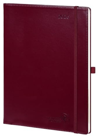 POPRUN Terminplaner 2026 A4 auf Deutsch - Wochenplaner mit 15-Minuten-Taktung & Monatsregister. Kalender 2026 Buchkalender mit PU-Leder Softcover - Burgund