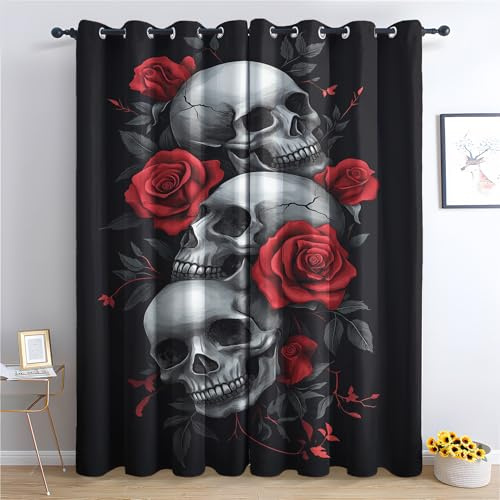 Luxfieo Totenkopf Vorhänge Gothic Rote Rosen Blumen Vorhang Blickdicht Gardinen 166 cm Hoch Verdunklungsvorhänge mit Ösen Thermovorhang für Wohnzimmer Schlafzimmer Kinderzimmer Fenster Deko 2er Set