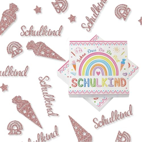 41 Stück Servietten Einschulung Regenbogen, Schulkind 2025 Mädchen, Einschulung Servietten Deko Schulkind 2025 Mädchen und Junge, Schulanfang Deko, Tischdeko, Regenbogen Party, 33 x 33 cm