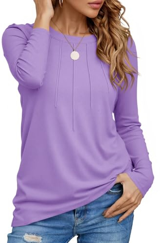 Cicy Bell Långärmad damtröja rund hals basic lång skjorta veckad t-shirt långärmad topp elegant tunika toppar lös skjorta, violett, S
