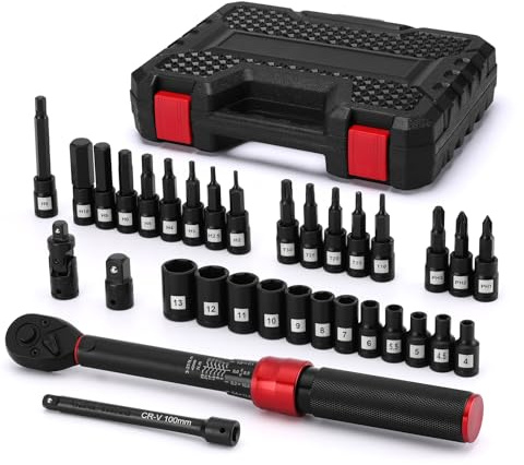 Mayouko 33 PCS 1/4 Drive Torque Wrench Set, 3-25 Nm, 72-Tooth, with Bit Sockets, Shallow Sockets, Extension, Universal Joint Socket and Adapter