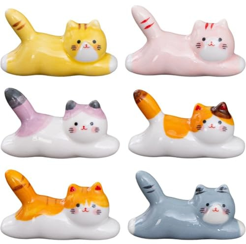 Ymxygz Cat Chopstick Rests & Holders, 6pcs Japanese Style Porcelain Cute Cat Ceramic Chopsticks Holder Rack Set for Dinner Spoon Fork Knife Tableware