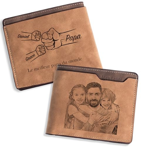 Easycosy Portefeuille Homme Personnalisé -Cadeau Papa Fete des Peres Porte Monnaie Personnalisable avec Photo et Nom Gravés Porte-Cartes en Cuir pour Mari Petit Ami Papa Homme Cadeau Anniversaire