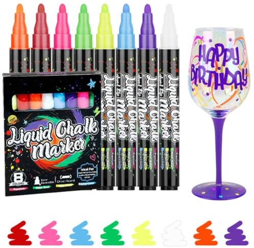 DIFLAX 8 Pièces Lumière Marqueur de Verre, Marque Verres, Feutre Pour Verre Effaçable, Lavable, Pour Verre à Pied, Marque Place, Séchage Rapide, Non-Toxique, pour Mariages (Couleur fluorescente)