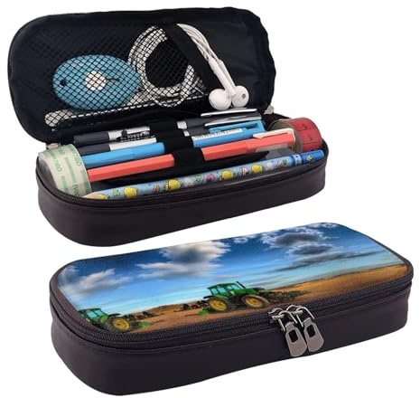 Fantasy Farm Traktor (1) Premium Leder Flip Federmäppchen - Stilvolles braunes Leder Federmäppchen mit Reißverschluss, Mehrzweck, für Schule, Büro, Reisen & Kosmetik, Schwarz , Einheitsgröße