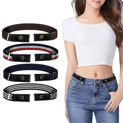 Gürtel Ohne Schnalle Damen Stretchgürtel Unsichtbarer Gürtel Damen Belt | Elastischer Gürtel Ohne Schnalle Schnallenfreier Gürtel Damen Herren mit Druckknopf Unisex für Jeans Hosen 4 Stücke