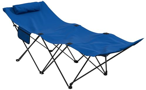 Outsunny Lit de camping pour adultes, lit de camping pliable simple avec appui-tête, lit de camping portable avec siège Oxford et poche latérale pour extérieur, voyage, pêche, bleu foncé