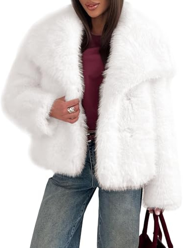 Cappotto da Donna Soffice Giacca Soffice Giacca a Maniche Lunghe con Risvolto giacche Invernali in Pelliccia Shaggy Parka Cappotto Corto (Bianco,L)