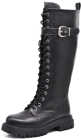 IF Fashion Scarpe Combat Anfibi Militari Stivali Alti da Donna Platform Carrarmato MP2747-4 Nero N.37
