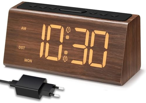 Vorrinc väckarklocka trä – digital väckarklocka med dubbelt larm, snooze, 4 ljusstyrkenivåer och volymnivåer, USB-laddningsport, DST-knapp, visning av tid och veckodag