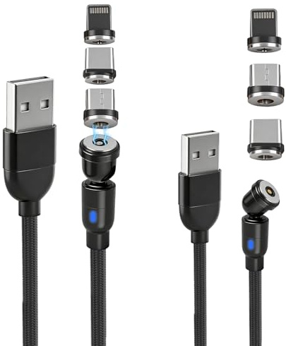 2 Pack Magnetic Charging Cable 1M & 2M with 9 Pin Strong Magnetic Connector 3-in-1 USB A to Type-C, Micro USB 360° /180° Rotating Nylon Braided Fast Charger Cable with LED Light & Data Transfer