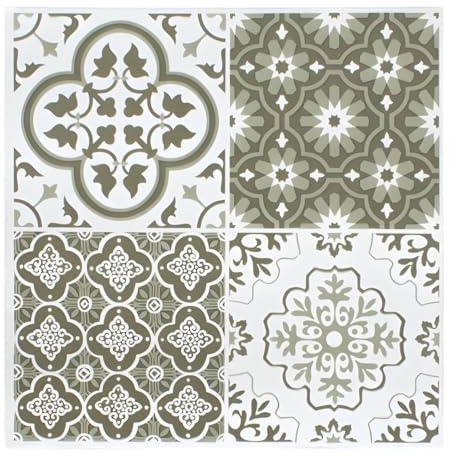 Pack of 48 Moroccan Olive Green & White Vinyl Floor Tiles Peel & Stick 1ft x 1ft, Geometric Sage Mosaic Design, Easy-Fit Flooring for Kitchens, Bathrooms, Living Rooms & Hallways Self Adhesive