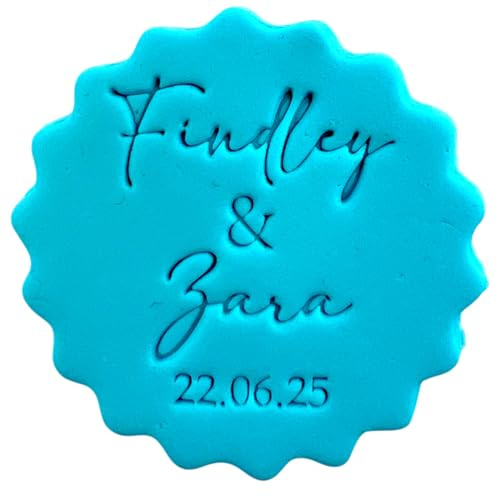 Personalised Cookie Stamp with Free Scallop Cutter, Wedding Couple Names 2, 5cm Acrylic Biscuit Embosser, Food-Safe Plastic Baking Tool, Fits M&S All Butter Biscuits (Design 6)