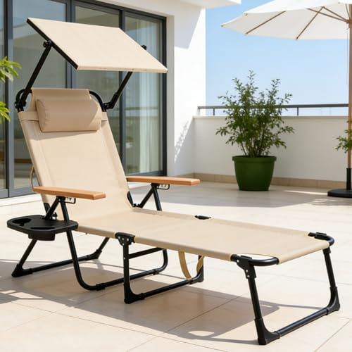 JHYCCDD Gartenliege mit Sonnendach, Strandliege Klappbar Leicht, Sonnenliege Klappbar, Gartenliege Wetterfest, Verstellbare Campingliege für Garten, Balkon, Camping, Strand (Beige, Mit Sonnendach)