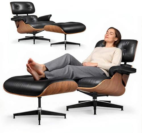 Asukale Leder Relaxsessel mit Hocker, Moderner Sessel Wohnzimmer Fernsehsessel, Drehbarer Chaiselongue mit Ottomane, Fester Neigungswinkel von 105°, TV-Sessel mit Gepolstertem Kissen, Schwarz