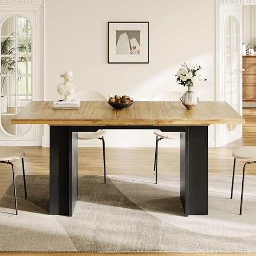 Merax Ausziehbarer Esstisch 120–160 x 80 cm, Küchentisch mit integriertem Regal, innenliegender Einlegeplatte, Holzoptik, platzsparend für Küche&Wohnzimmer