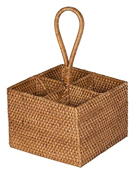 KOUBOO Laguna Rattan Bottle Caddy Storage Box for Kitchen with 4 Compartments, Home Organizer | Wicker Basket, Crate for Display, Bathroom, Farmhouse Decor, Vintage Style, Honey Brown