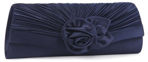 Damara Women's Satin Pleated Flower Front Evening Bag Clutch Handbag,Navy Blue