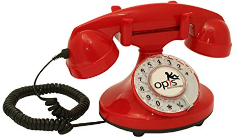 OPIS FunkyFon cable: Telefono fisso casa vintage con disco, telefono antico per linea fissa, stile retrò classico Rosso