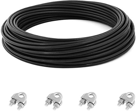 Câble métallique en acier inoxydable - Gaine en PVC - 10 m - 3 mm - Noir - Avec 4 serre-câbles métalliques - 7 x 7