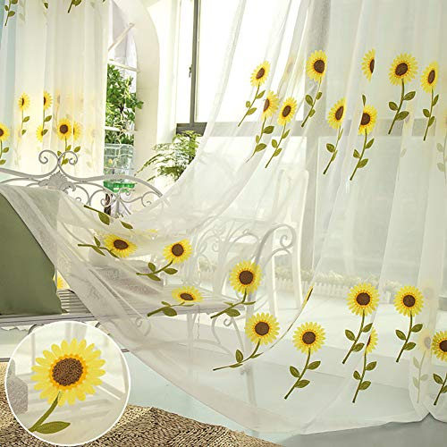 Lsimeru Kinder Vorhang Mädchenzimmer Transparent Sonnenblume Muster Kräuselband 140x245 Lang 2er Set Voile Vorhänge Gardinenschals Lichtdurchlässige Schals Dekoschal
