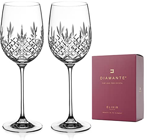 DIAMANTE Red Wine Glasses Pair - ‘Buckingham’ Traditional Hand Cut Crystal Wine Glasses - Set of 2