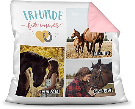 PfotenSchild Pferde Kissen mit Füllung - Fotocollage - Pferdefreunde für Immer - mit DREI Fotos selbst gestalten - Geschenk für Pferdeliebhaber - Farbkissen Rückseite Rosa, 40 x 40 cm