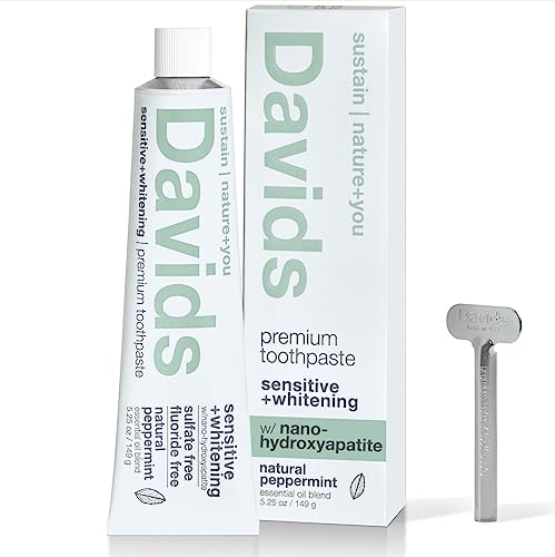 Davids Nano Hydroxyapaite Natural Toothpaste for Sensitivity, Peppermint, Flouride Free, SLS Free, Remineralize Enamel, Gentle Whitening, Toothpaste Squeezer Included, Recycable Metal Tube, 4oz