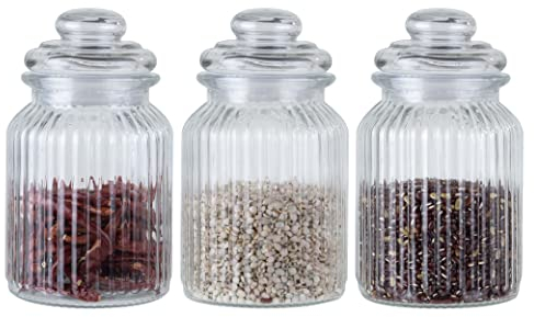 ORNAMI Ribbed Glass Storage Kitchen Jar with Airtight Lid (1L, Set of 3)