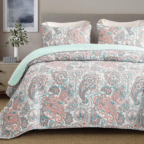 Exclusivo Mezcla Reversible Boho Quilts King Size, Aqua Bedspreads Lightweight Coverlet All Season Paisley Quilt Bedding Set with Printed Floral Pattern (1 Quilt, 2 Pillow Shams)