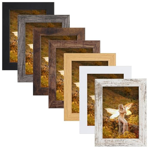 PETAFLOP Bilderrahmen 13x18 7er-Set, Mehrfarbige Fotorahmen 13x18, Rustikale Holzrahmen für Tischdisplay und Wandbefestigung