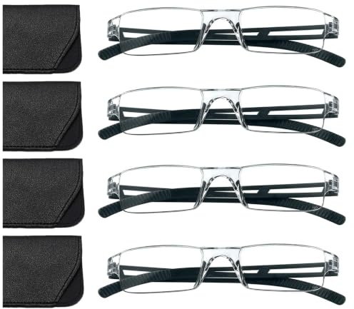 Hubeye 4er-Pack Rahmenlose Lesebrille schwarze Leicht und Bequem Anti Blaulicht Lesehilfe für Damen Herren mit Brillenholster 1.75
