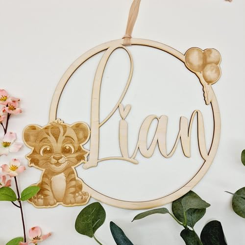 Türkranz aus Holz mit Tiger und Luftballons | Türschild Kinderzimmer | Namensschild Kinderzimmer | Handmade by ManufakturZauber