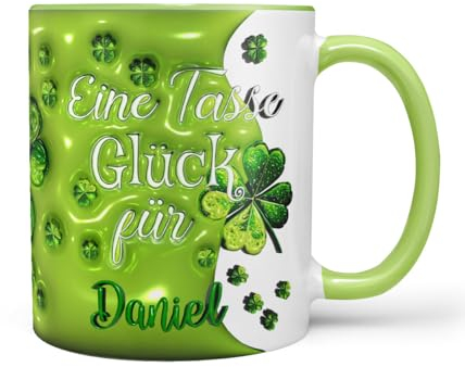 Keramiktasse Kaffeetasse | Spruch | Tasse Glück mit Wunschname | Geschenkidee für Freunde selbst Gestalten | Glücksbringer Kleeblatt | Lindgrün Keramik 330ml