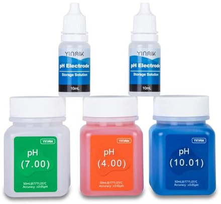 YINMIK pH Messgerät Kalibrierung Slösungs Kit (4.00, 7.00 und 10.01) | H Schutzlösungs Set, 3 Flaschen 50 ml pH Kalibrierung Pufferlösung und 2 Flaschen 10 ml KCL pH Sondenlösung für pH Messgerät