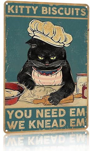 Crazysign Funny Black Cat Kitty Biscuits We Knead Em Tin Sign Vintage Wall Decor Sign for Home Kicthen Bakery 8x12 Inch (3089)