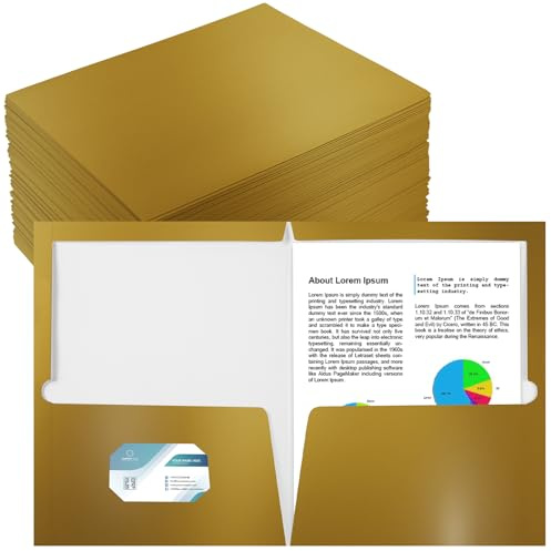 Yeaqee 100 Stück glänzende Ordner mit 2 Taschen, Briefgröße, goldfarben | Schulanfang: Laminiertes Papier hält bis zu 50 Blatt für Klassenzimmer-Handouts, Präsentationen und Bürodokumente