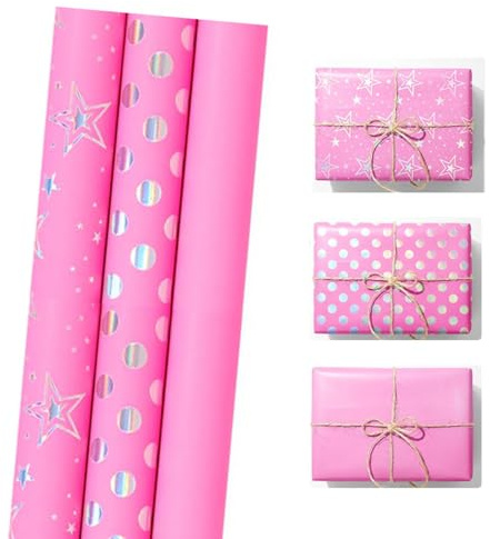 3 Rolle Hochwertiges Rosa Geschenkpapier Geburtstag 43cm x 3m,Pink Geschenkpapier für Mädchen und Fraun,Geschenkverpackung Papier für Kindertag,Muttertag