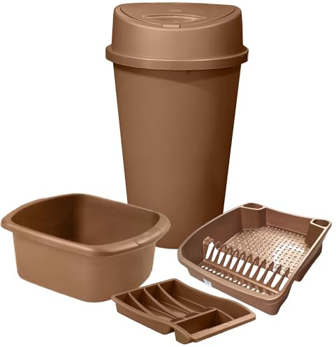 Rose Gold Kitchen Bin Set - 4 Piece Kitchen Set - 45L Kitchen Bin 14L Rectangular Washing Up Bowl Dish Drainer and Cutlery Draw Tray