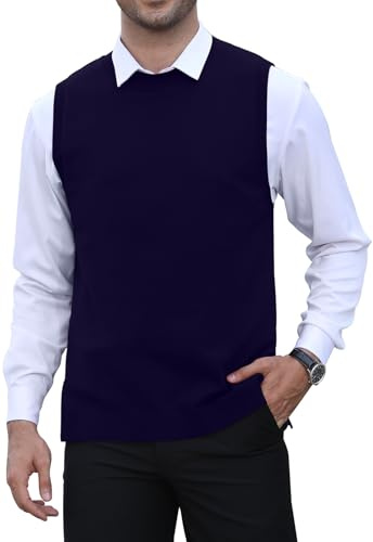 KUYIGO Chaleco sin Mangas clásico para Hombre, Cuello Redondo, Tejido de Punto, cárdigan, Camiseta sin Mangas, Azul Marino, L