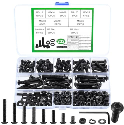 Set di Vis M6, 232 Pcs M6 Boulons et Écrous, Boulons Vis à Tête Cylindrique à Six Pans Creux avec Écrous et Rondelles, Kit Assortiment Boulons Vis à Tête Hexagonale avec Écrou, Noirs(M6)