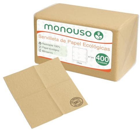 Monouso | 400 Servilletas de Papel Ecológicas 17x17 cm (desplegadas) y 8,5x12 (plegadas), Color Kraft, Miniservis, Autoservicio, Papel Reciclado, Biodegradables, Absorbentes