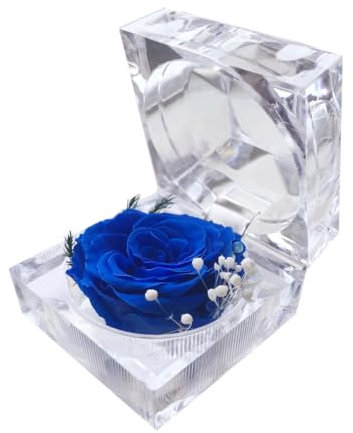 DoraMagic Preserved Rose Real Forever Rose in Mini Clear Ring Box, Eternal Flower Rose Gifts for Women Mom Girlfriend Grandma, Mothers Day, Anniversary, Valentines, Christmas, Birthday (Blue)