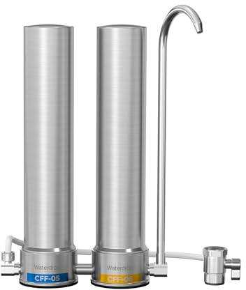 Waterdrop CTF-09 Dual-Stage Water Filter, Stainless Steel, Add Silver Ions | Reduce Chlorine, Bad Taste & Odor, Countertop Water Filter Tap, with 2 Filters
